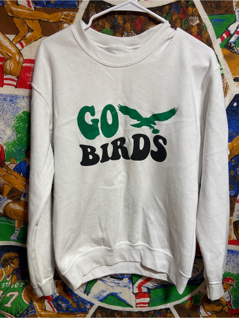 White 'Go Birds' Crewneck Sweatshirt with Green & Black Graphic